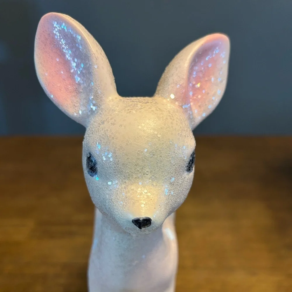Holiday Vintage Glitter Deer Fawn Christmas Figurine Pastel Pink
